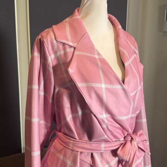 Women’s Pink Turn Down Collar Wrap Trench Coat Grid Pattern Size L (**Tag XL) - Picture 3 of 12